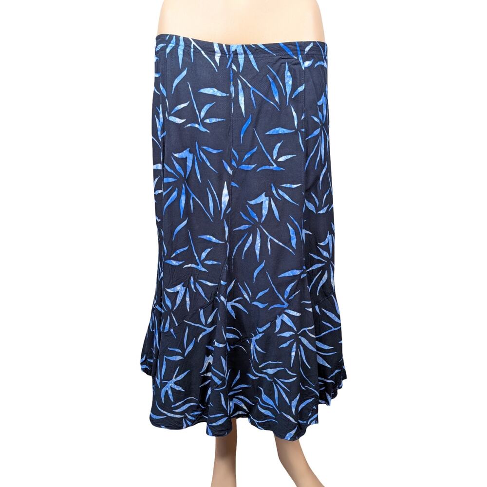 Vintage Nomadic Traders Blue Batik Leaf Rayon A-Line Midi Skirt Size L Earthy
